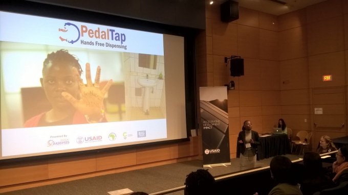 Grace Nakibaala, an architect from Makerere University working on the Pedal Tap Innovation ‘non-touch water dispensing system’ won in the 2nd place